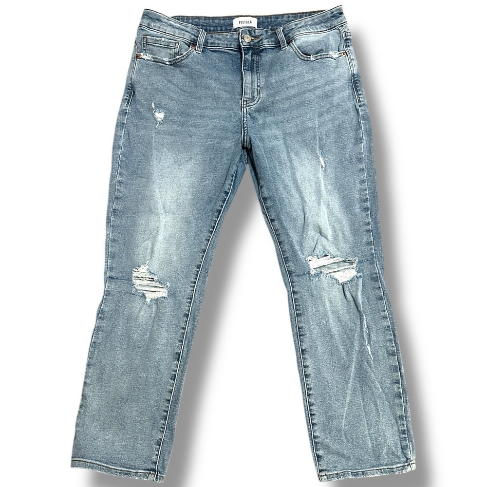 Pistola‎ Women;s Distressed Straight Jeans Light Wash Blue Denim Size 32 (31x25)